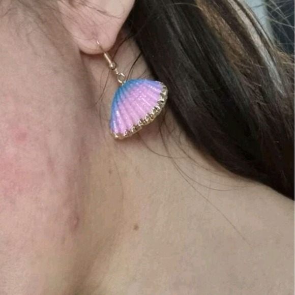 Gold statement earrings blue pink seashell boho mermaid beach tropical 💖 2/$30 - Picture 11 of 13